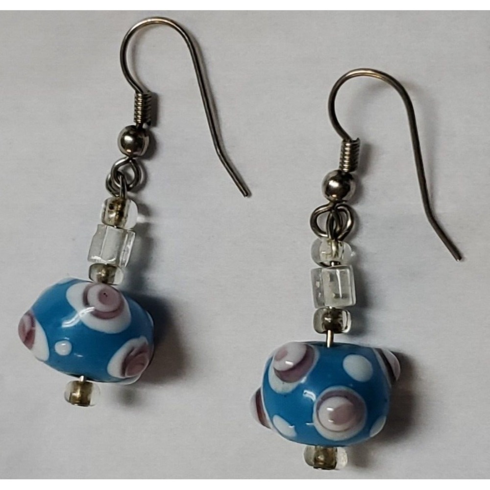 Lampwork Glass Earring Silvertone French Hook Bead Blue Purple White Artisan